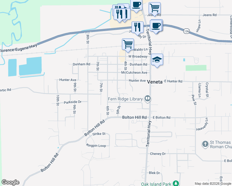 map of restaurants, bars, coffee shops, grocery stores, and more near 88057 6th Street in Veneta