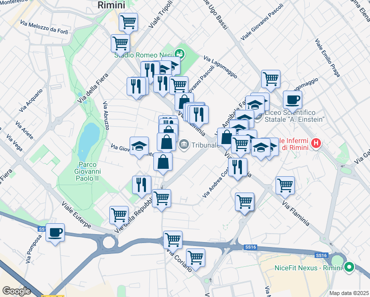 map of restaurants, bars, coffee shops, grocery stores, and more near Via Licio Giorgieri in Rimini
