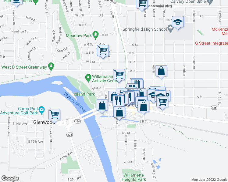 map of restaurants, bars, coffee shops, grocery stores, and more near 195 B Street in Springfield