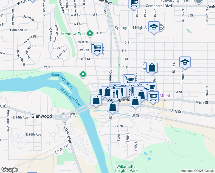 map of restaurants, bars, coffee shops, grocery stores, and more near 195 B Street in Springfield