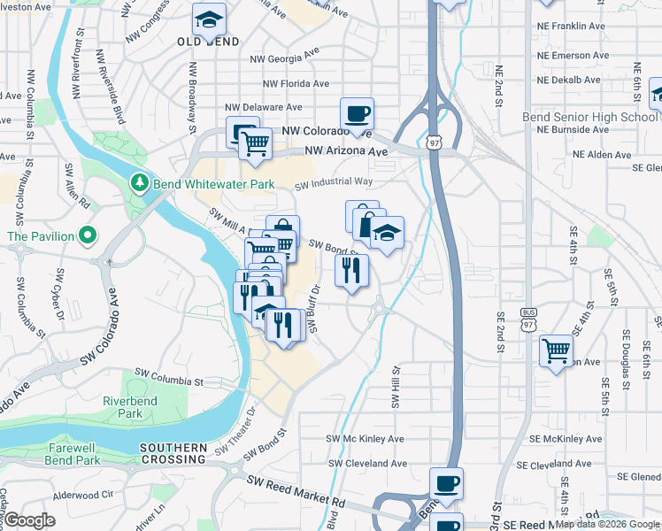 map of restaurants, bars, coffee shops, grocery stores, and more near 205 Southwest Log Court in Bend