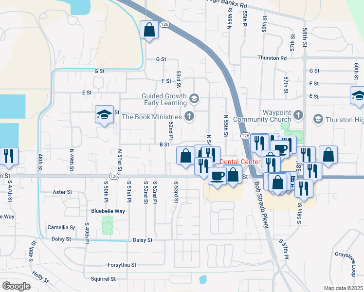 map of restaurants, bars, coffee shops, grocery stores, and more near 5323 B Street in Springfield