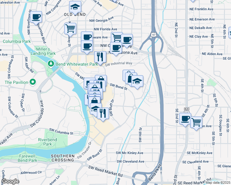 map of restaurants, bars, coffee shops, grocery stores, and more near 205 SW Log Court in Bend