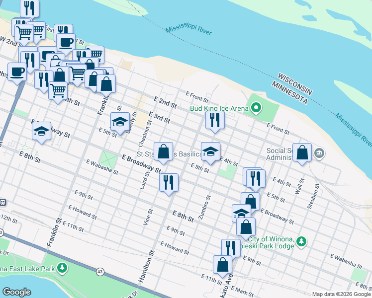 map of restaurants, bars, coffee shops, grocery stores, and more near 523 East 4th Street in Winona