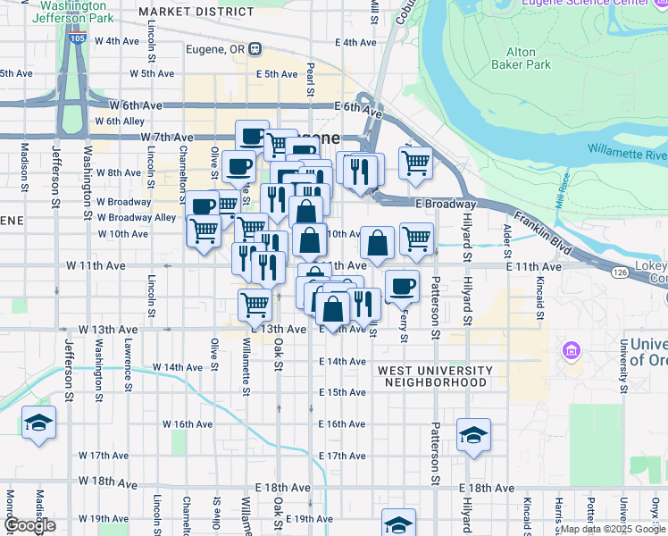 map of restaurants, bars, coffee shops, grocery stores, and more near 280 E 11th Ave in Eugene