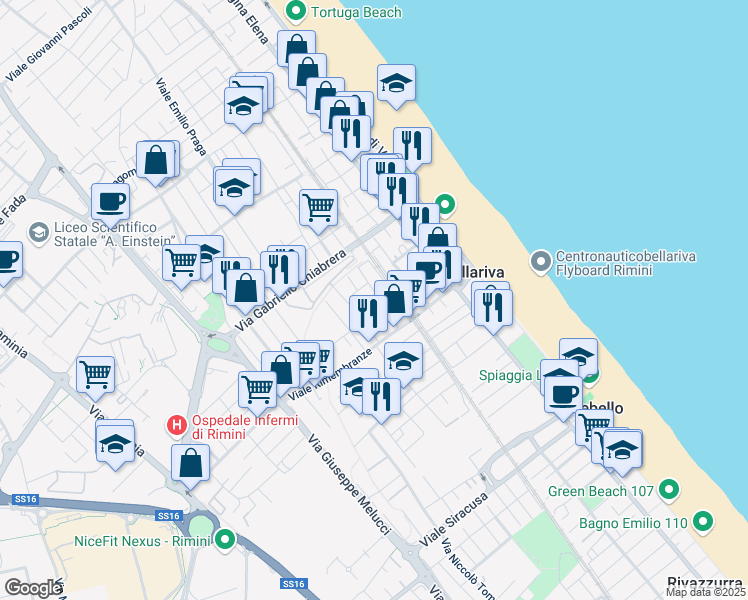 map of restaurants, bars, coffee shops, grocery stores, and more near 4 Via Achille Torelli in Rimini