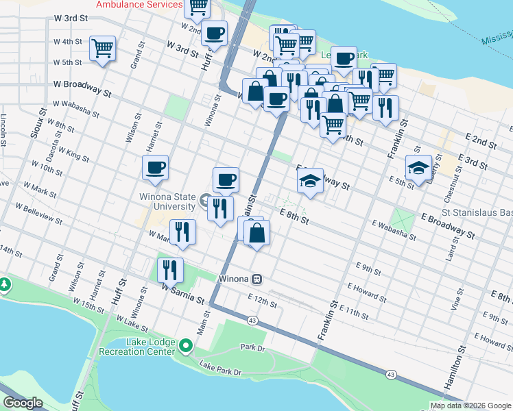 map of restaurants, bars, coffee shops, grocery stores, and more near 402 Main Street in Winona