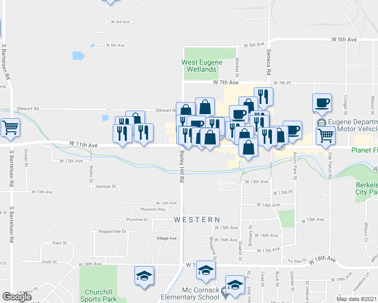 map of restaurants, bars, coffee shops, grocery stores, and more near 3666-G West 11th Avenue in Eugene