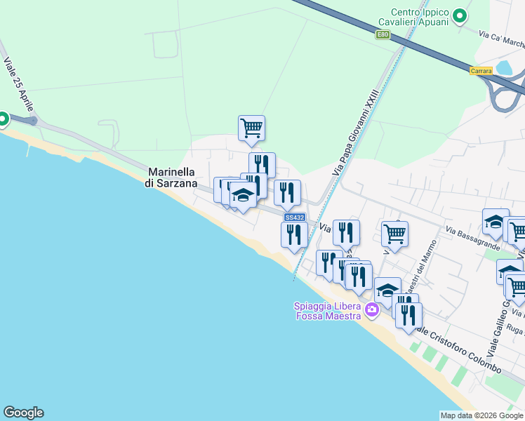 map of restaurants, bars, coffee shops, grocery stores, and more near 19 Via Parma in Marinella di Sarzana