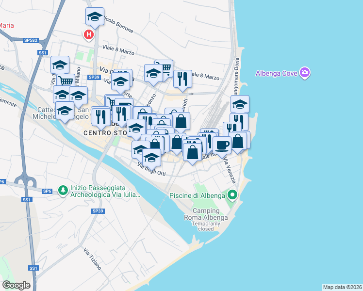 map of restaurants, bars, coffee shops, grocery stores, and more near 37 Via dei Mille in Albenga