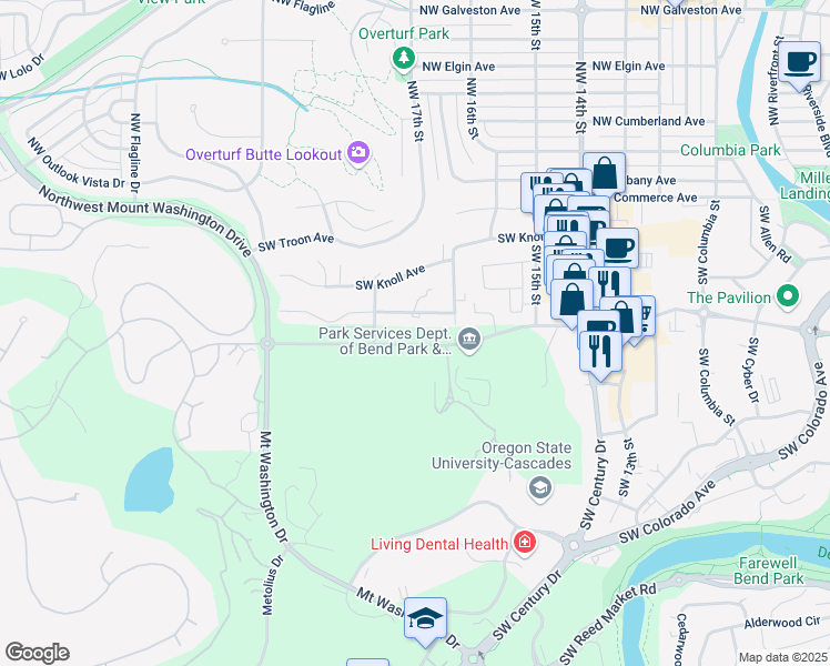 map of restaurants, bars, coffee shops, grocery stores, and more near 19755 Simpson in Bend