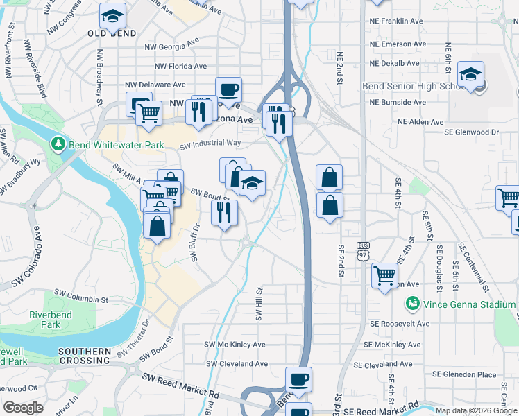 map of restaurants, bars, coffee shops, grocery stores, and more near 88 Southwest Scalehouse Loop in Bend