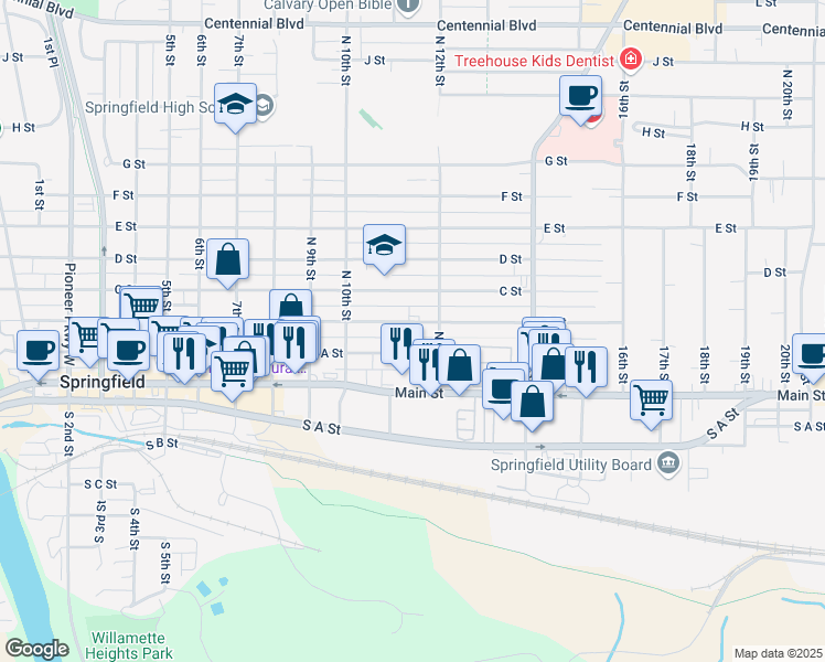 map of restaurants, bars, coffee shops, grocery stores, and more near 1101 B Street in Springfield