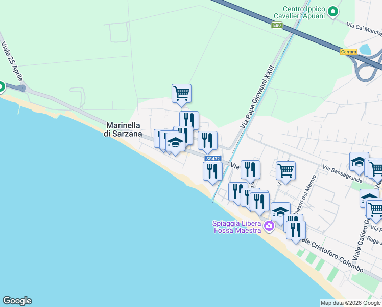 map of restaurants, bars, coffee shops, grocery stores, and more near 19 Via Parma in Marinella di Sarzana