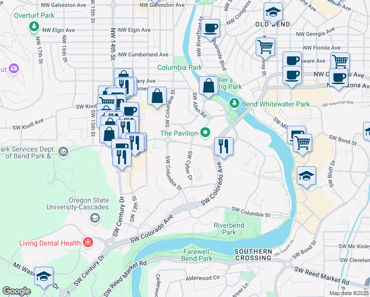 map of restaurants, bars, coffee shops, grocery stores, and more near 296 Southwest Columbia Street in Bend