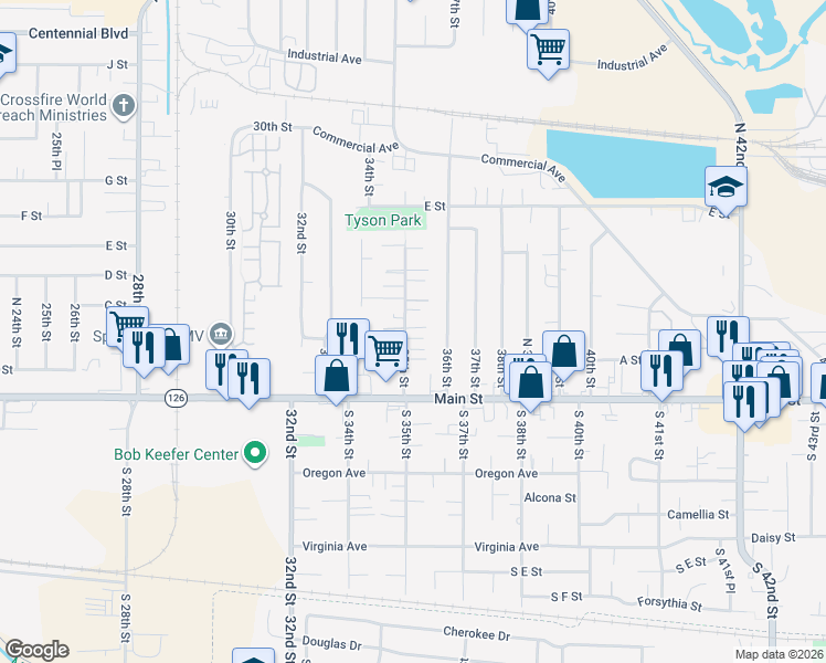 map of restaurants, bars, coffee shops, grocery stores, and more near 281 North 35th Court in Springfield