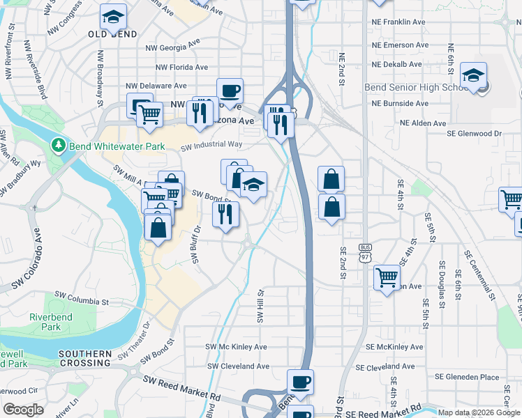 map of restaurants, bars, coffee shops, grocery stores, and more near 88 Southwest Scalehouse Loop in Bend