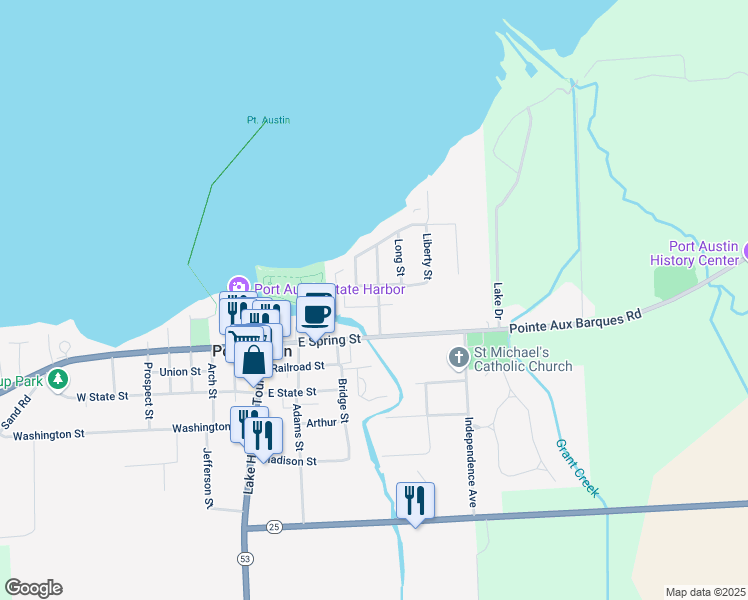 map of restaurants, bars, coffee shops, grocery stores, and more near 8803 McMahon Street in Port Austin