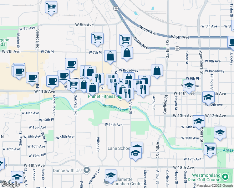 map of restaurants, bars, coffee shops, grocery stores, and more near 2370 West 11th Avenue in Eugene