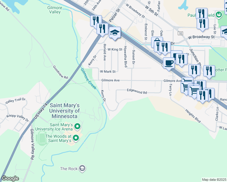 map of restaurants, bars, coffee shops, grocery stores, and more near 1868 Edgewood Road in Winona