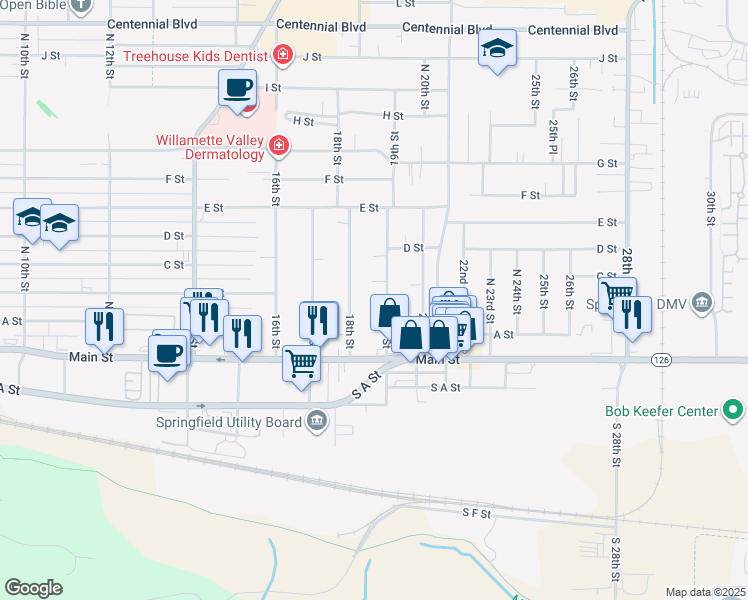 map of restaurants, bars, coffee shops, grocery stores, and more near 290 19th Street in Springfield