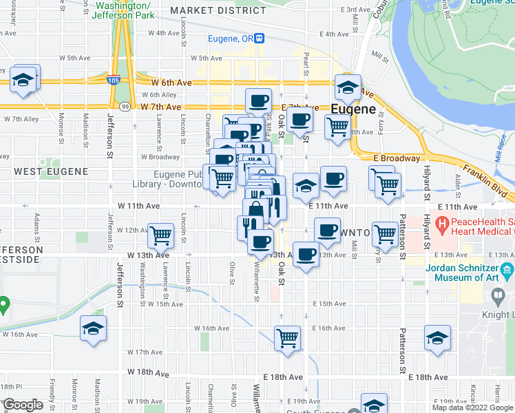 map of restaurants, bars, coffee shops, grocery stores, and more near 2 East 11th Avenue in Eugene