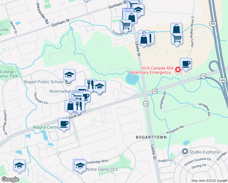 map of restaurants, bars, coffee shops, grocery stores, and more near 104 Gordon Circle in Newmarket