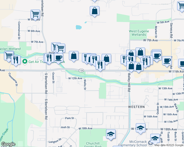 map of restaurants, bars, coffee shops, grocery stores, and more near 3890 West 11th Avenue in Eugene