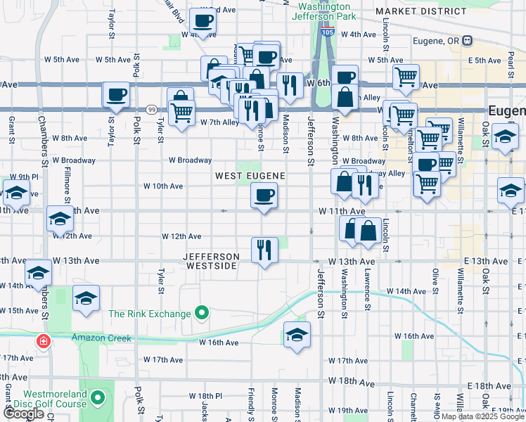 map of restaurants, bars, coffee shops, grocery stores, and more near 1100 Monroe Street in Eugene