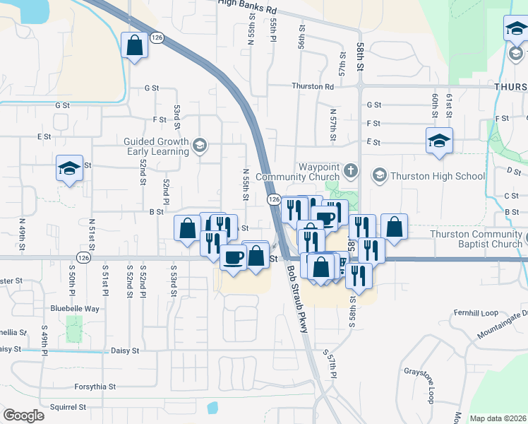 map of restaurants, bars, coffee shops, grocery stores, and more near 5593 B Street in Springfield