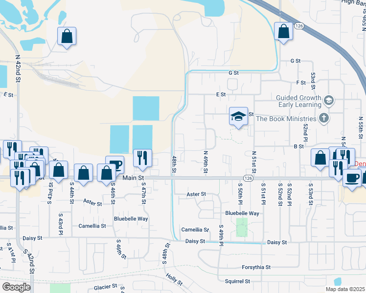 map of restaurants, bars, coffee shops, grocery stores, and more near 4852 B Street in Springfield
