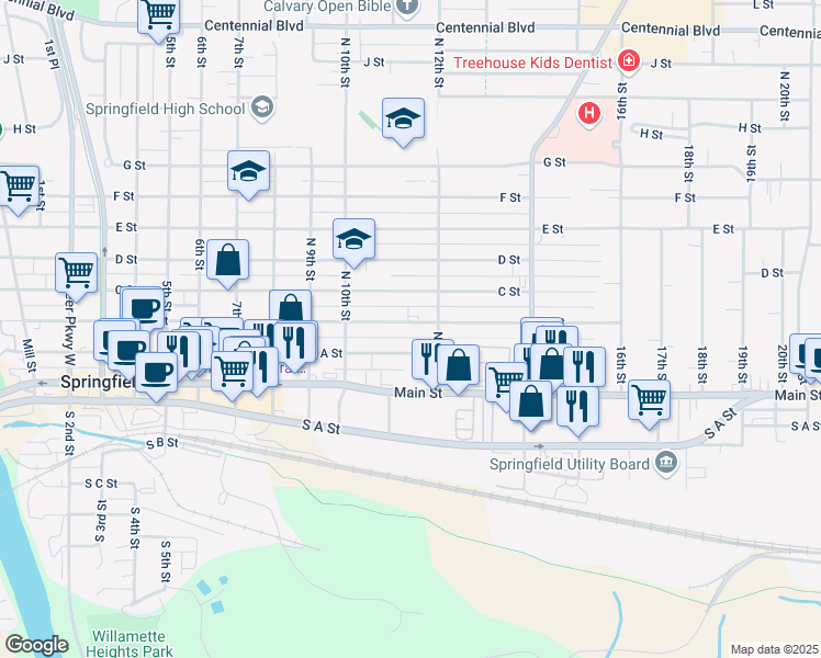 map of restaurants, bars, coffee shops, grocery stores, and more near 1101 B Street in Springfield