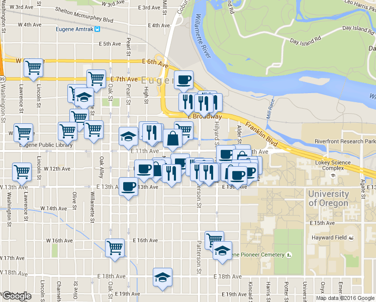 map of restaurants, bars, coffee shops, grocery stores, and more near 588 East 11th Avenue in Eugene