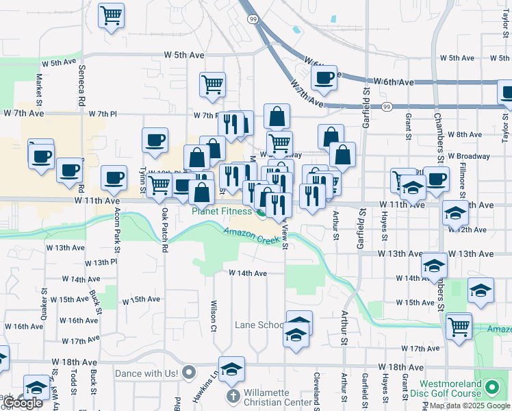 map of restaurants, bars, coffee shops, grocery stores, and more near 2350 West 11th Avenue in Eugene