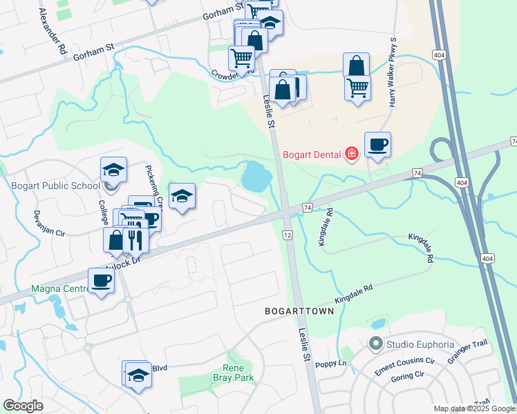 map of restaurants, bars, coffee shops, grocery stores, and more near 1033 On Bogart Circle in Newmarket