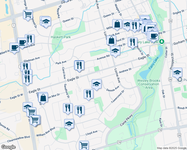 map of restaurants, bars, coffee shops, grocery stores, and more near 241 Andrew Street in Newmarket
