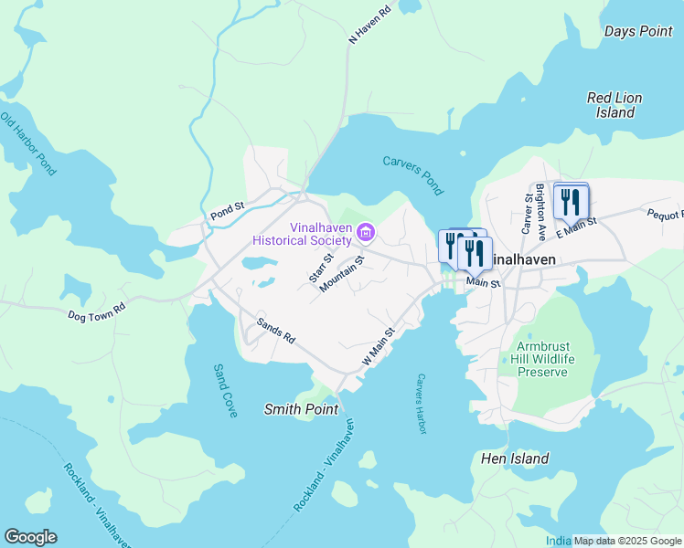 map of restaurants, bars, coffee shops, grocery stores, and more near 13 Mountain Street in Vinalhaven