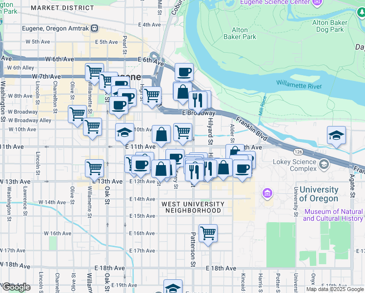 map of restaurants, bars, coffee shops, grocery stores, and more near 588 East 11th Avenue in Eugene