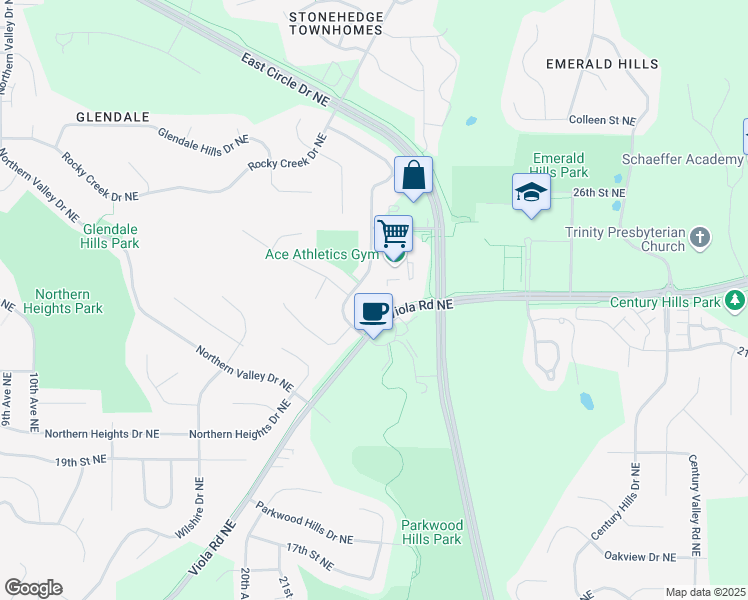 map of restaurants, bars, coffee shops, grocery stores, and more near 2300 Viola Heights Drive Northeast in Rochester