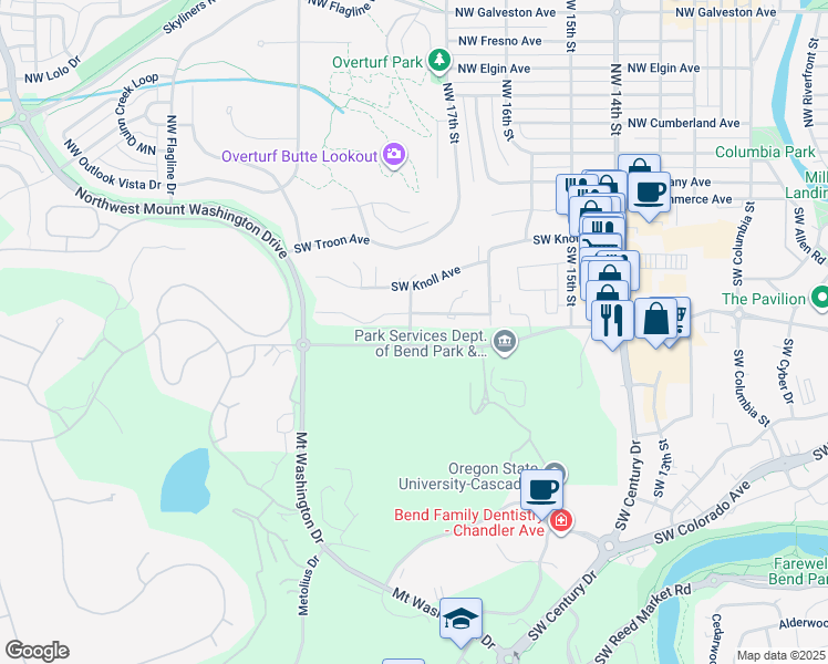 map of restaurants, bars, coffee shops, grocery stores, and more near 198 Southwest 18th Street in Bend