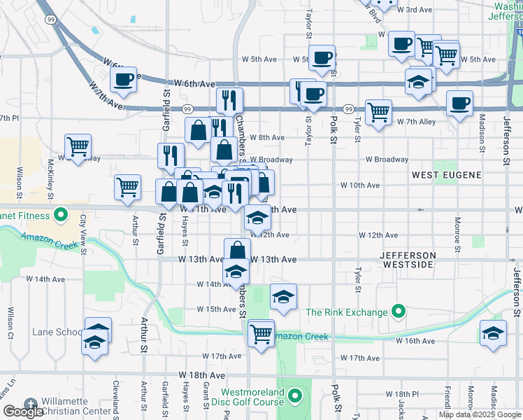 map of restaurants, bars, coffee shops, grocery stores, and more near 1612 West 11th Avenue in Eugene