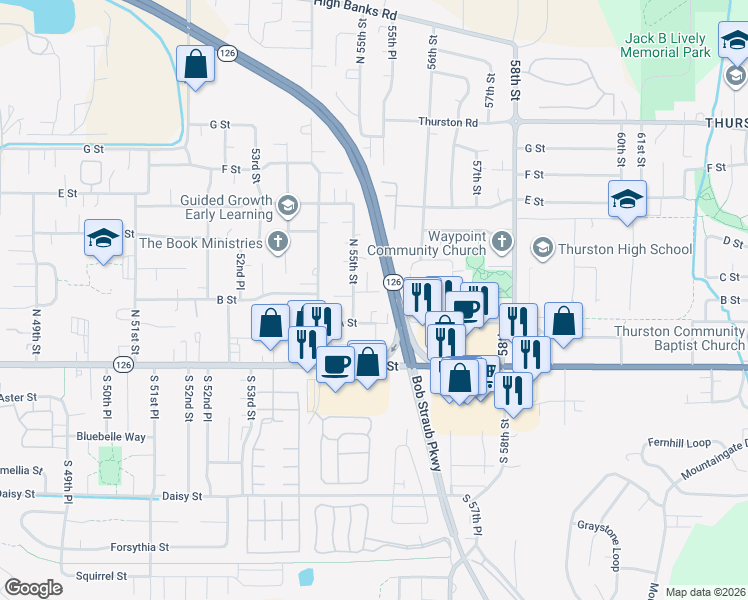 map of restaurants, bars, coffee shops, grocery stores, and more near 5593 B Street in Springfield