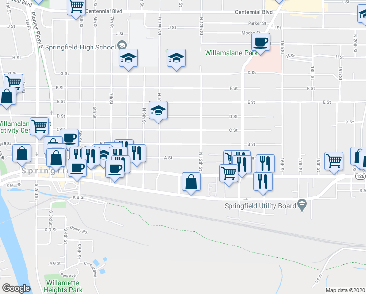 map of restaurants, bars, coffee shops, grocery stores, and more near 1101 B Street in Springfield