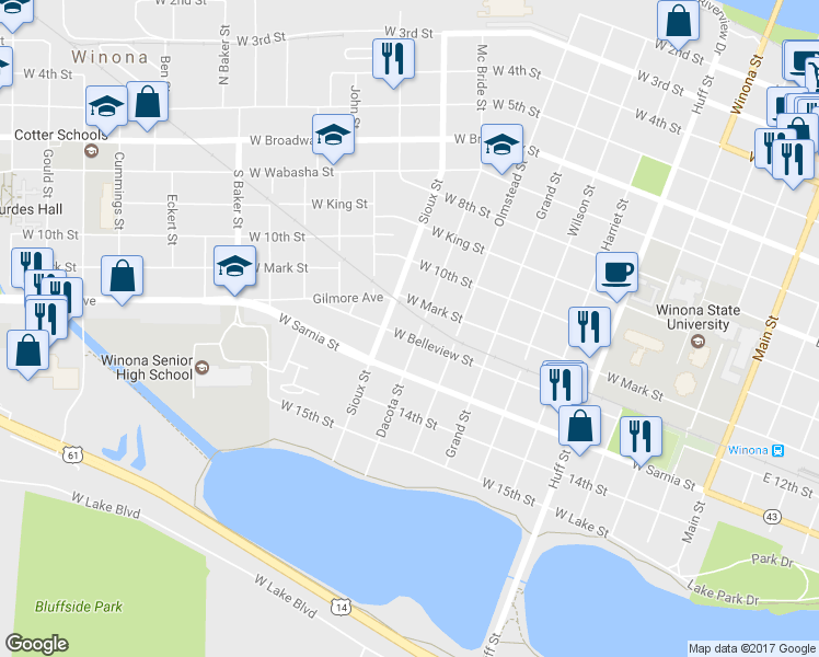 map of restaurants, bars, coffee shops, grocery stores, and more near 579 Dacota Street in Winona