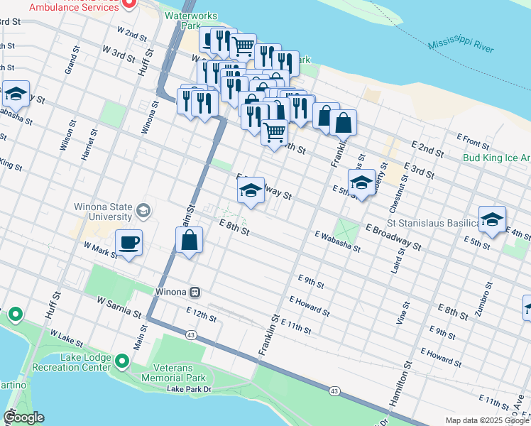map of restaurants, bars, coffee shops, grocery stores, and more near 398 Walnut Street in Winona
