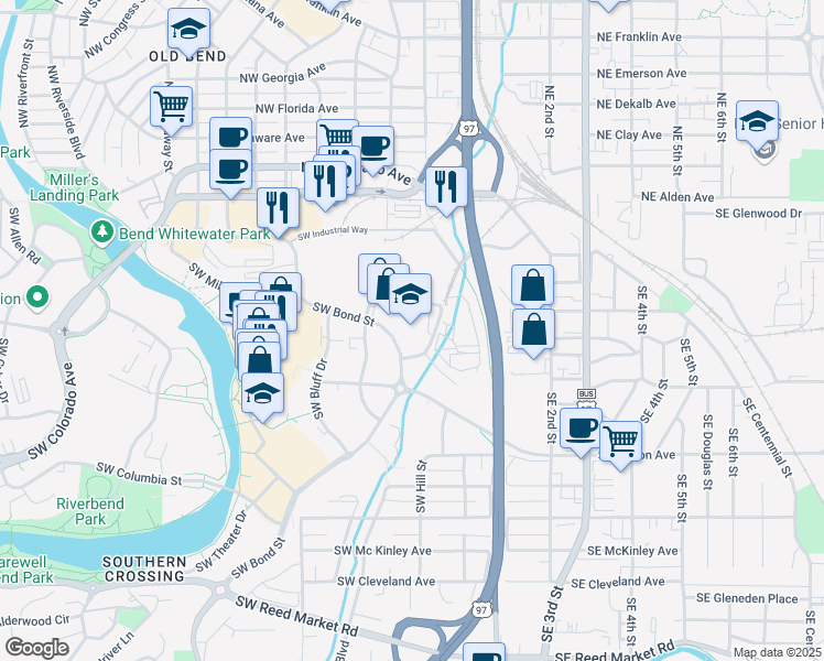 map of restaurants, bars, coffee shops, grocery stores, and more near 88 Southwest Scalehouse Loop in Bend