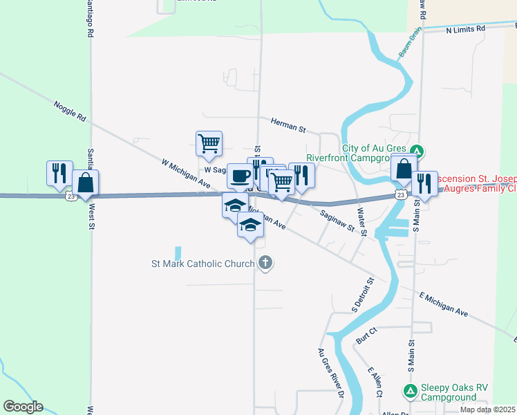map of restaurants, bars, coffee shops, grocery stores, and more near 101 East Michigan Avenue in Au Gres
