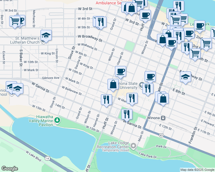 map of restaurants, bars, coffee shops, grocery stores, and more near 509 Harriet Street in Winona