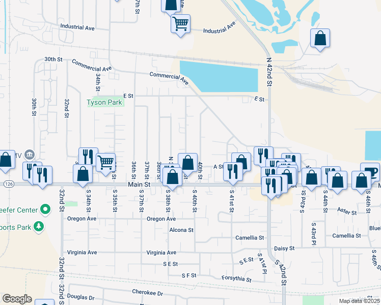 map of restaurants, bars, coffee shops, grocery stores, and more near 267 39th Street in Springfield