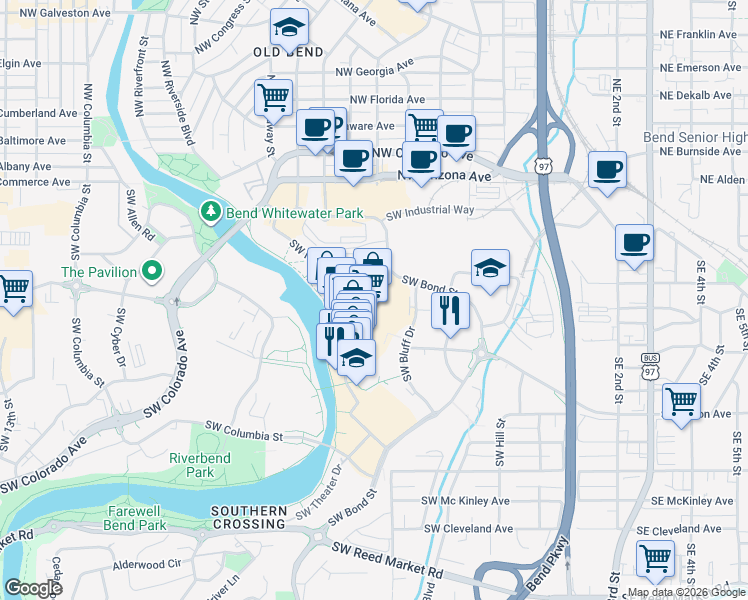 map of restaurants, bars, coffee shops, grocery stores, and more near 320 Southwest Powerhouse Drive in Bend